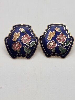 Vintage Cloisonné Enamel Butterfly Floral Stud Earrings Cobalt Blue Gold
